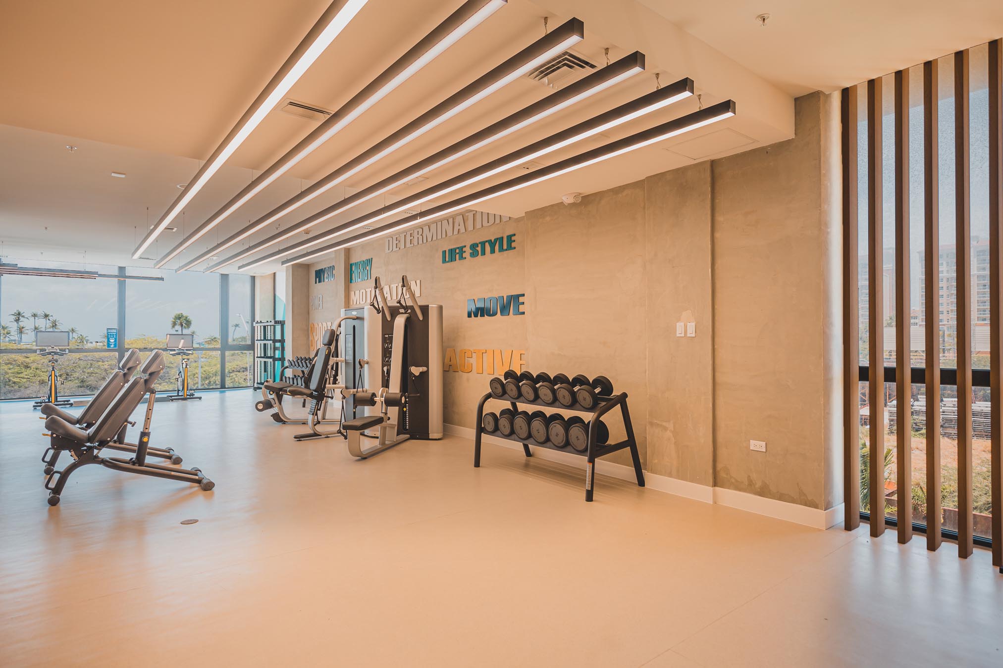 Gym with free weight rack and strength training machines