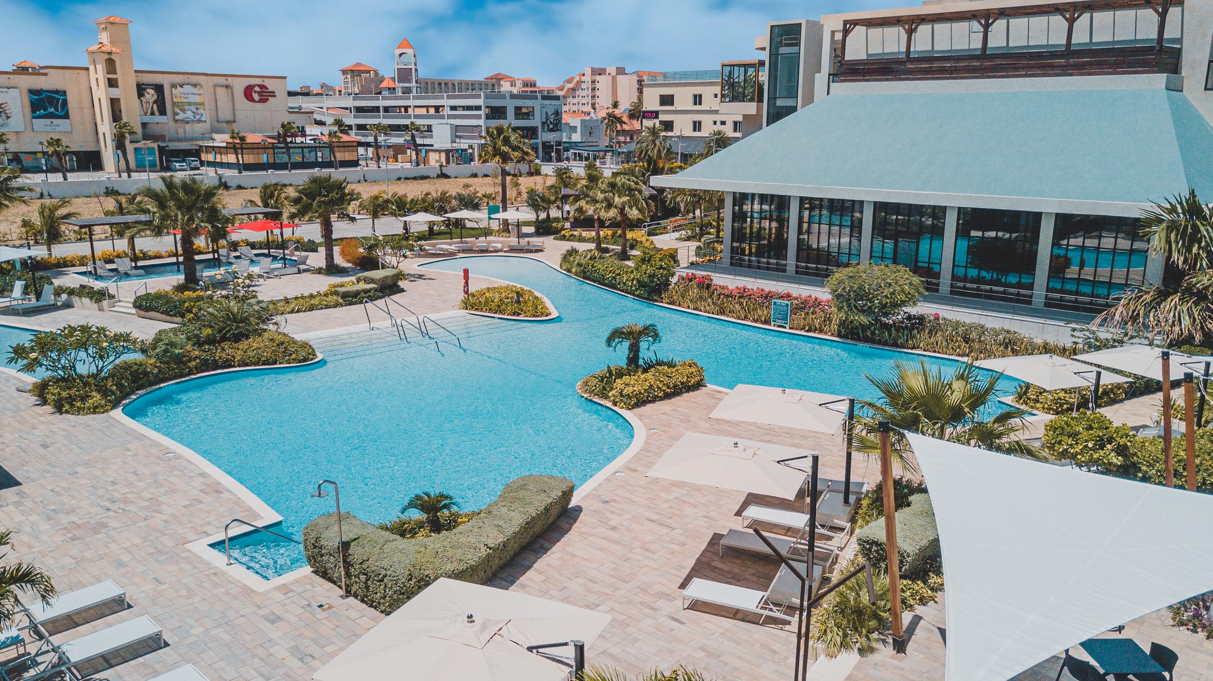 Large pool and building