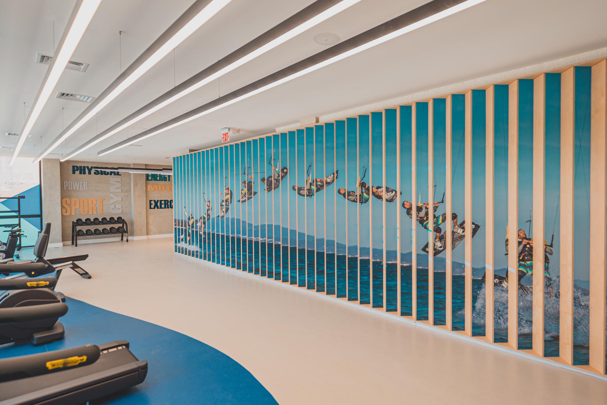 Machines in gym with wall art of man doing watersports