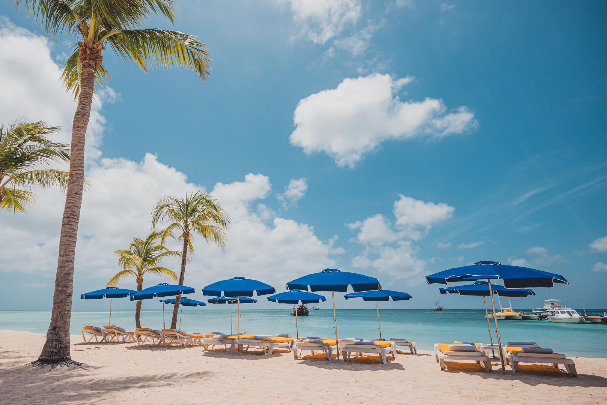 Beach with palm trees and umbrellas with tables and chairs